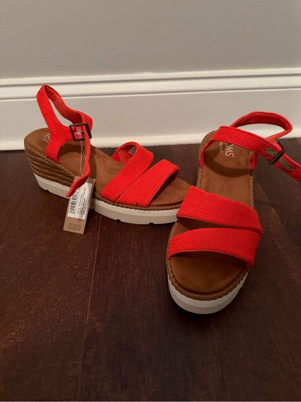 Toms Red Canvas Wedge Sandals with White Platform